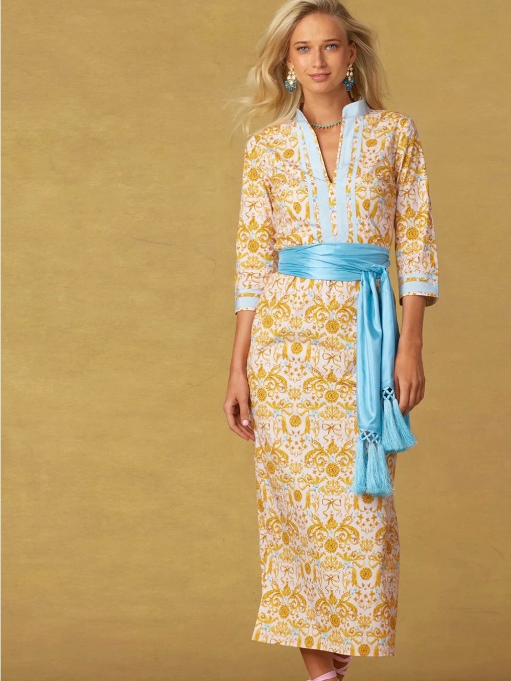 Light Blue Sash Yellow Floral Midi Dress